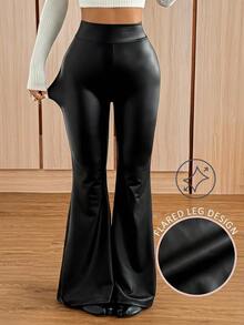 SHEIN EZwear 女款性感街頭風純色PU皮革喇叭褲 - 黑色 - 查看 2