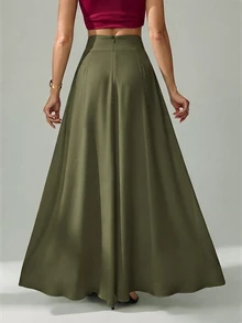 SHEIN Tall Women's Solid Color With Slanted Pockets Practical Elegant Simple Commuting Office A-Line Umbrella S - Army Green - View 2