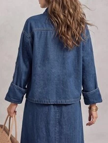SHEIN Casual Denim Daily Wear Washed Comfortable Flattering Versatile Classic Denim Top For Women - Medium Wash - View 2