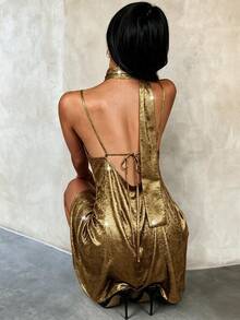 Coastalzia Metallic Spaghetti Strap Mini Dress, Deep V Neck Swing Party Dress With Matching Neck Scarf - Gold - View 2