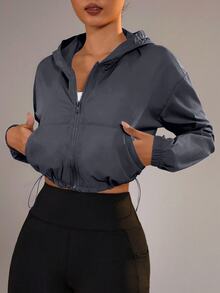 Dewbera Dewbera Women's Zipper Drawstring Hem Hooded Sports Jacket - Dark Grey - View 4