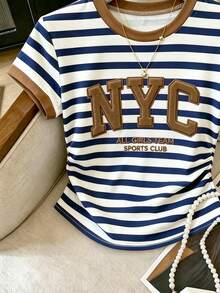 Franclia Women's Striped Short Sleeved T-Shirt With Printed With New York Letters Foaming Process ,College Style Autumn New Top,Casual Pretend,Gift For Friends - Multicolor - View 4