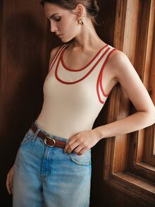 Anewsta Women's Contrast Color Double Layer Design Knit Top, Elegant Casual Versatile Slim Fit Fashion Vest - Apricot - View 1