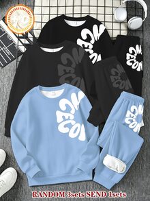 青少年男孩休閒街頭極簡風淺藍色黑灰色字母與花卉印花落肩衛衣與運動長褲2件套，適合外出與運動 - 彩色 - 查看 3