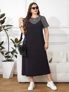 Easowa Curve Set 2 Potong Kaos Bergaris dan Gaun Cami Ukuran Plus - MultiWarna - View 7