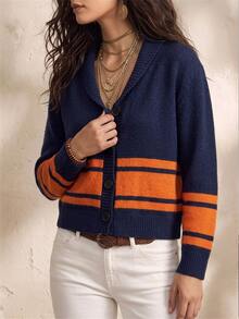 SHEIN Textured Personalized Contrast Color Cardigan Casual Knit Sweater Jacket - Royal Blue - View 8