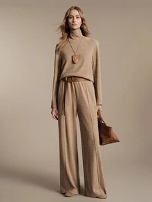 Anewsta Essential Elegant Commute Ruched High Neck Women's Brown Knit Set - Khaki - View 1