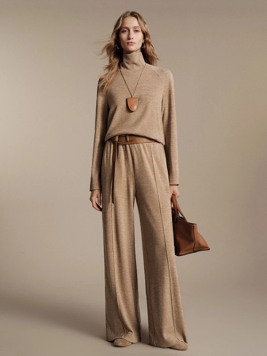 Anewsta Essential Elegant Commute Ruched High Neck Women's Brown Knit Set - Khaki - View 1