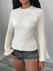 Elenzga Sweater Lengan Panjang Motif Kabel Gaya Jalanan Wanita untuk Kantor dan Perjalanan Sehari-hari - Aprikot - View 1
