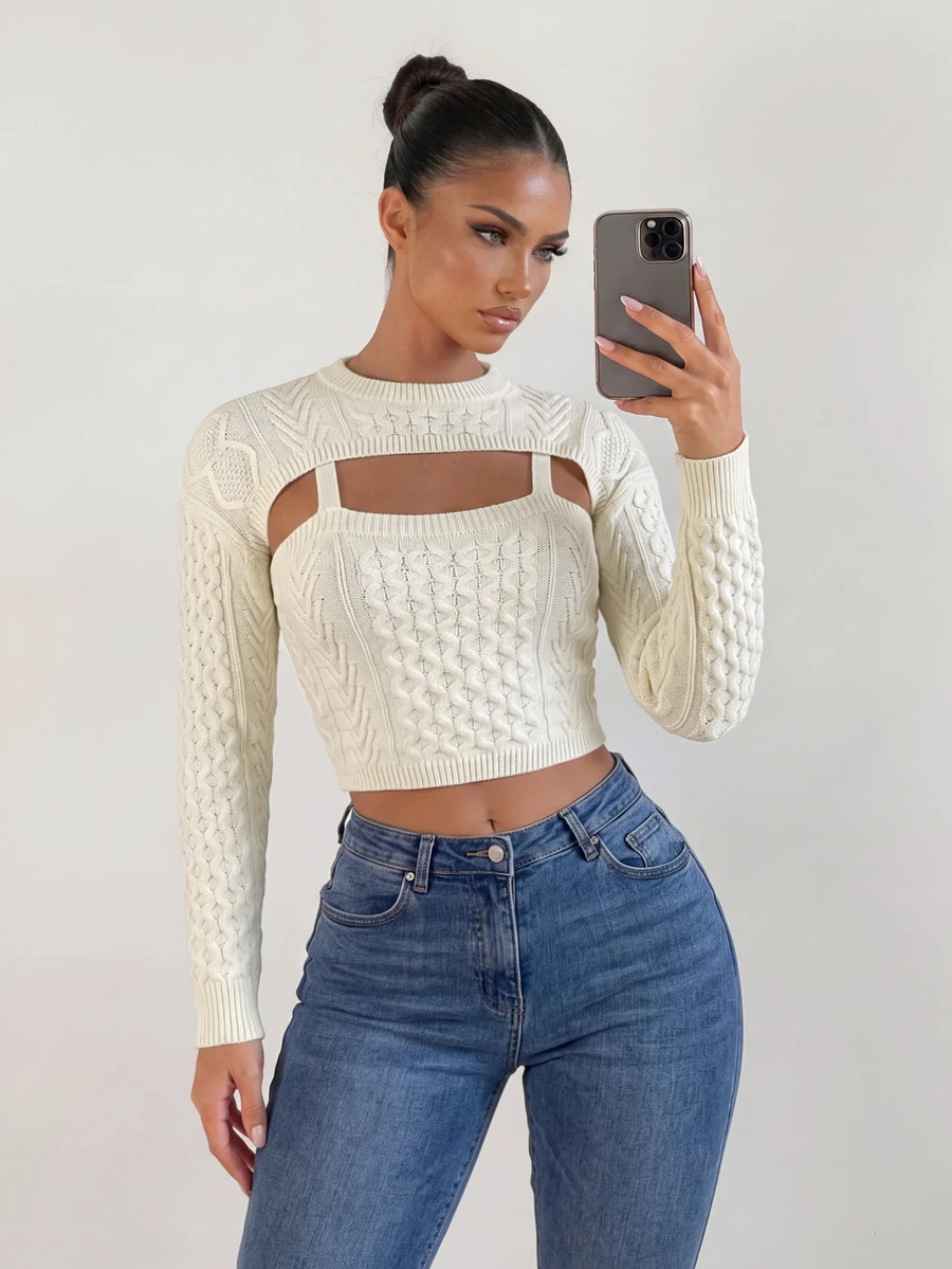 Sirith Women's Solid Color Hollow Out Cropped Knit Top - Beige - View 1