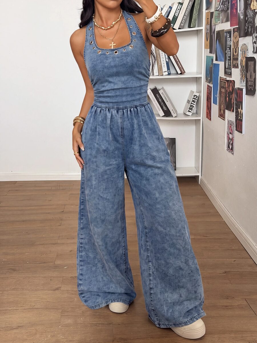 Jeanoix Women's Loose Tie-Front Denim Jumpsuit - Blue - View 1