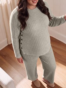 SHEIN Apricot Long Maternity Plus Size 2 Pieces Set, Round Neck Long Sleeve Top With Split Hem And Buttons, Casual Comfortable Wide Leg Pants, Autumn/Winter - Apricot - View 6