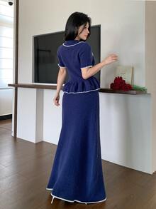 Modelyn Elegant Commuter Short Sleeve Sweater & Knit Skirt 2 Pieces Set - Blue - View 2