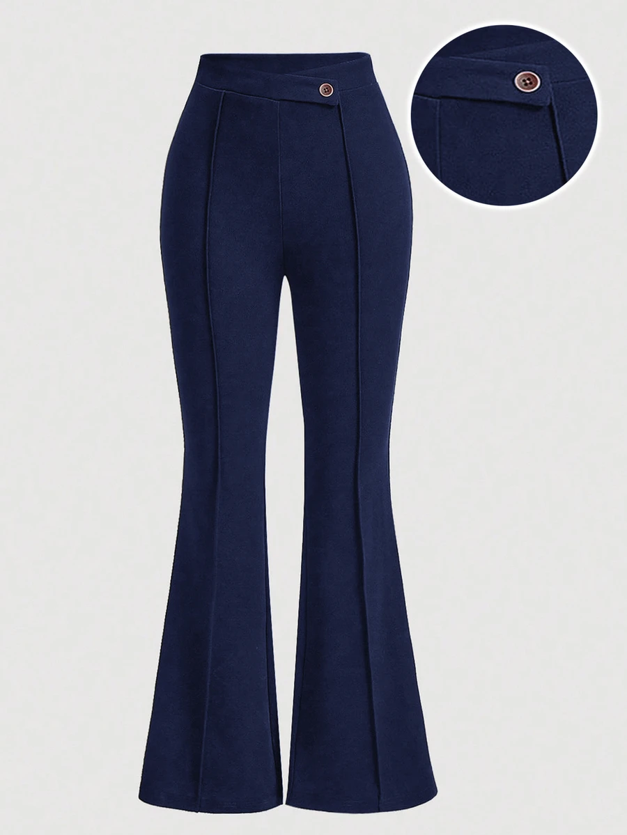 Girlism Teen Girls Elegant Solid Color Comfortable Asymmetrical Waist Flare Pants - Navy Blue - View 1