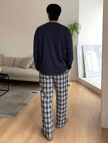 DAZY Spring/Summer Red Plaid Pants & T-Shirt Men's Loungewear Set - Navy Blue - View 2