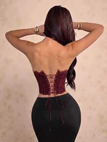 SHEIN PETITE 夏季海灘度假純色蕾絲內衣上衣，適合日常約會、夜晚外出 - 中紫紅色 - 查看 2