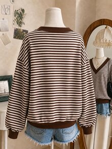 Lalippa Plus Size Women's Striped V-Neck Drop Shoulder Long Sleeve Casual Sweatshirt - Multicolor - View 2