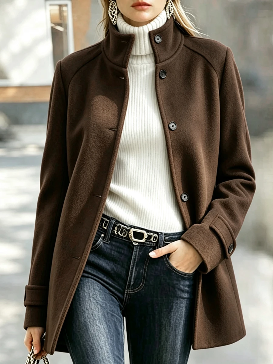 SHEIN Women Stand Collar Button Down Coat, Raglan Sleeve Mid‑Length Outerwear , Loose Warm Jacket For Spri - Brown - View 1