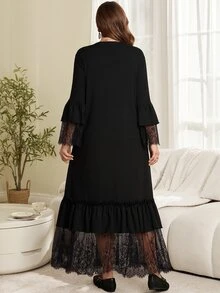 Rosumi Plus Size Women Autumn/Winter Romantic Elegant Vacation Solid Black Lace Patchwork Ruffle Hem Long Dress Formal Party Dinner Fall - Black - View 5