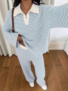 Siren Gaze Women's Autumn Casual Striped Top And Pants 2 Pieces Set - Baby Blue - View 6