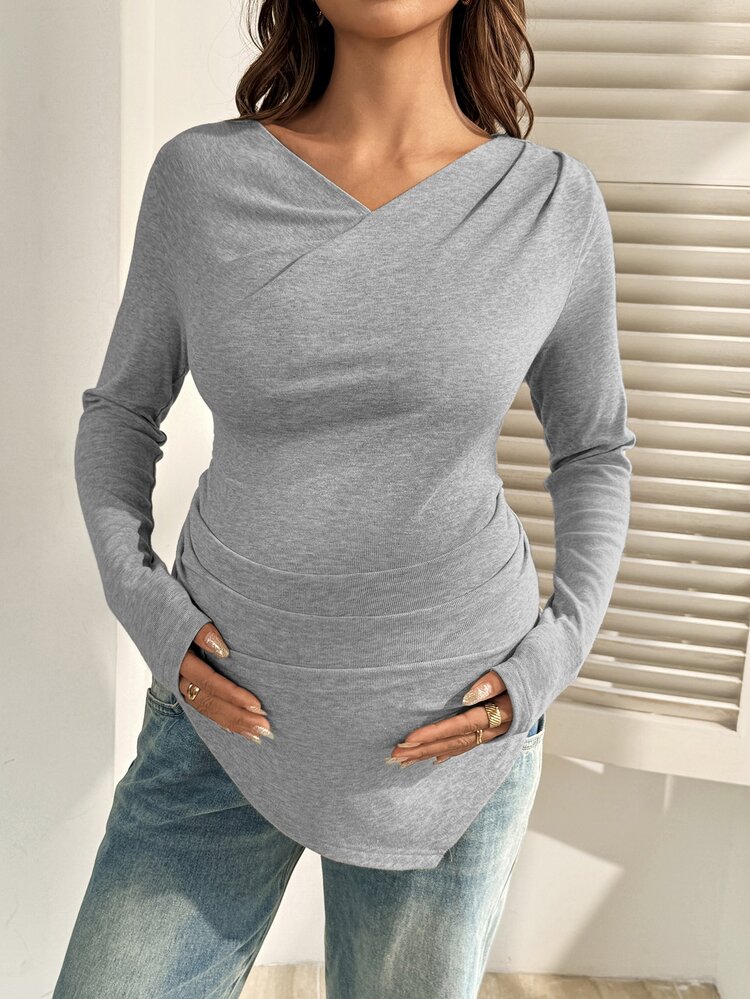 SHEIN Maternity Casual Solid Color Asymmetric Hem T-Shirt For Autumn - Grey - View 3