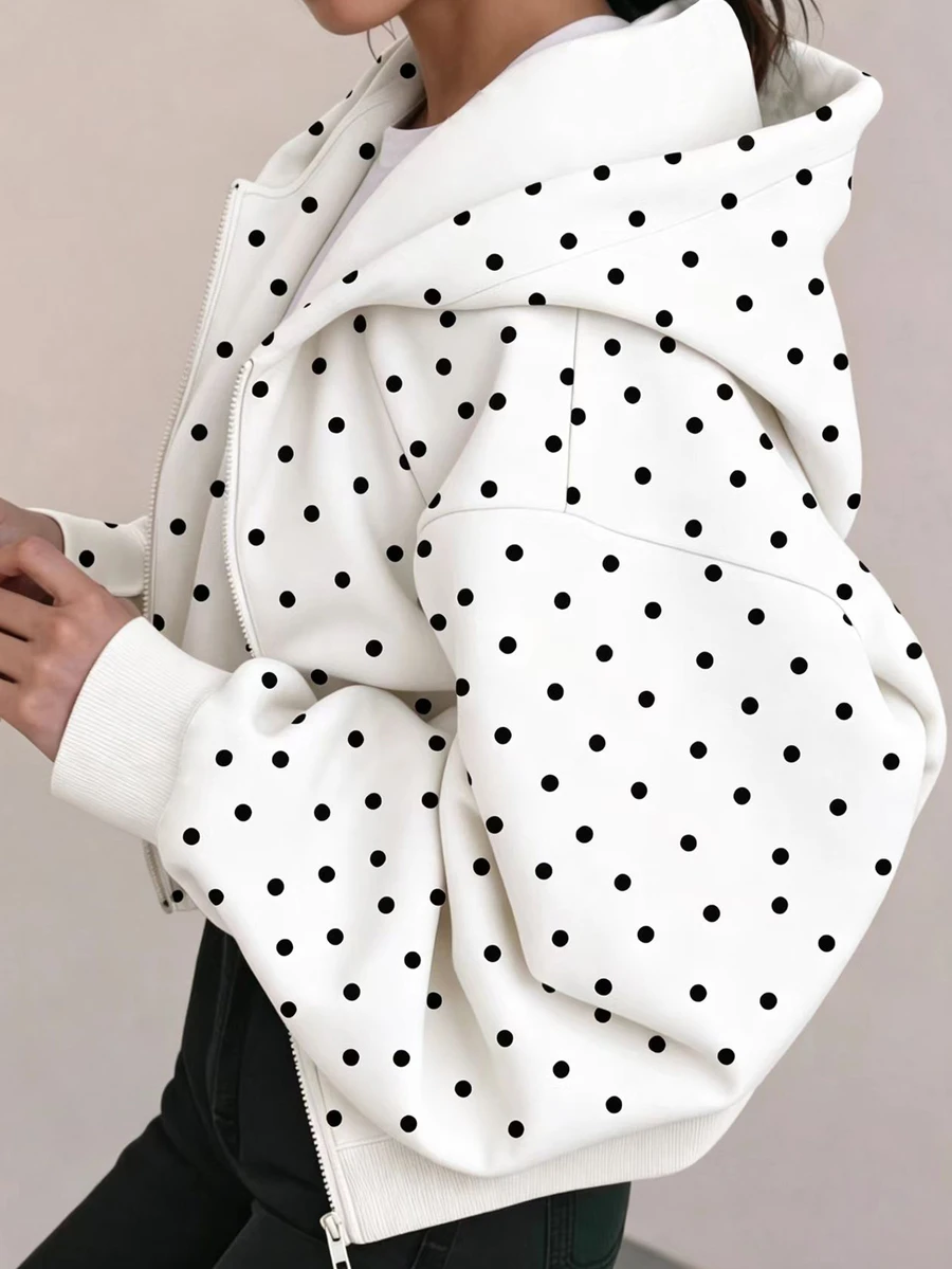 SHEIN Áo khoác nỉ cho bé gái, quần áo mùa thu, họa tiết chấm bi thời trang, khóa kéo phía trước, dáng rộng vai trễ - trắng - Xem 1