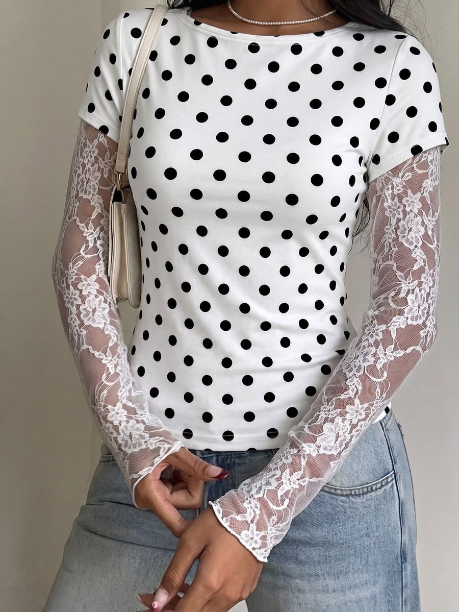 SHEIN EZwear Knitted Lace Patchwork 2-In-1 Women's Long Sleeve Top, Sheer Top - Multicolor - View 1