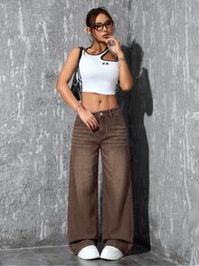 SHEIN PETITE 女款休閒水洗直筒牛仔褲 - 棕色 - 查看 8