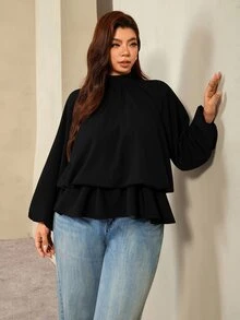 Auralis Coffee Brown Raglan Long Sleeve Plus Size Loose Waist Elastic Ruffle Hem Pullover Blouse/Casual Top Fall - Black - View 6
