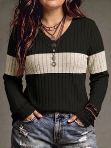 SHEIN 女款秋冬新款熱銷拼色拼接V領休閒百搭大尺碼運動衫 - 彩色 - 查看 4