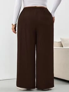 SHEIN CURVE+ 大尺碼格紋長褲，黑白格紋彈性腰帶口袋寬腿褲，2026秋冬 22W - 咖啡棕 - 查看 2