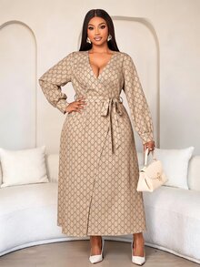 SOLERSUN V-Neck Criss-Cross Loose Long Sleeve Dress, Waist Tie Cinched Waist, All-Over Geometric Print, Suitable For Commuting And Daily Wear Fall - Khaki - View 3