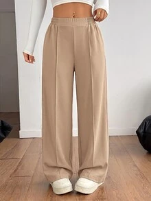 SHEIN PETITE بنطال أسود Y2k بلون موحد وساق واسعة بنطال رسمي للخريف والشتاء مطابقة - كاكي - مشاهدة 3