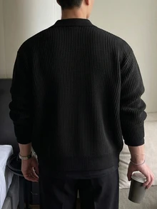 DAZY Men's Plus Size Black Solid Color Shirt Collar Button Front Cardigan, Autumn/Winter - Black - View 2