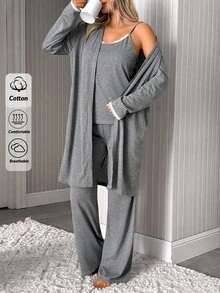 SHEIN Cottnline طقم ملابس منزلية 3 قطع من قميص كامي محبوك مضلع بلون سادة مع حافة دانتيل، روب مفتوح من الأمام وبنطال واسع الساق، ملابس نوم كاجوال ناعمة الملمس - رمادي - مشاهدة 8