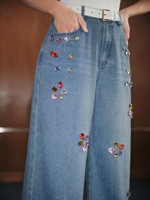 Anewsta Women's Modern Versatile Commuter Heavy-Duty Handmade Rhinestone Embellished Slimming Wide Leg Jeans - Light Wash - View 2