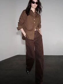 Anewsta Heavy Rhinestone Embellished Long Sleeve Single-Breasted Pocket Casual Denim Shirt - Brown - View 4