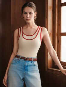 Anewsta Women's Contrast Color Double Layer Design Knit Top, Elegant Casual Versatile Slim Fit Fashion Vest - Apricot - View 5