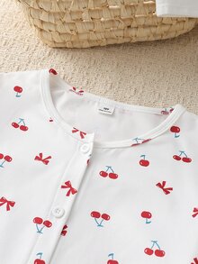Tween Girl Cherry Bow Print Long Sleeve Long Pants Trim Cardigan Pajama Set Loungewear - Multicolor - View 6