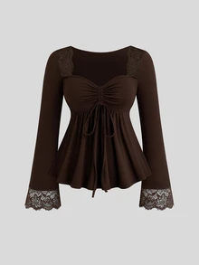 Sweetra Plus Size Women's Solid Color Front Drawstring Contrast Lace Flared Sleeve T-Shirt - Coffee Brown - View 1