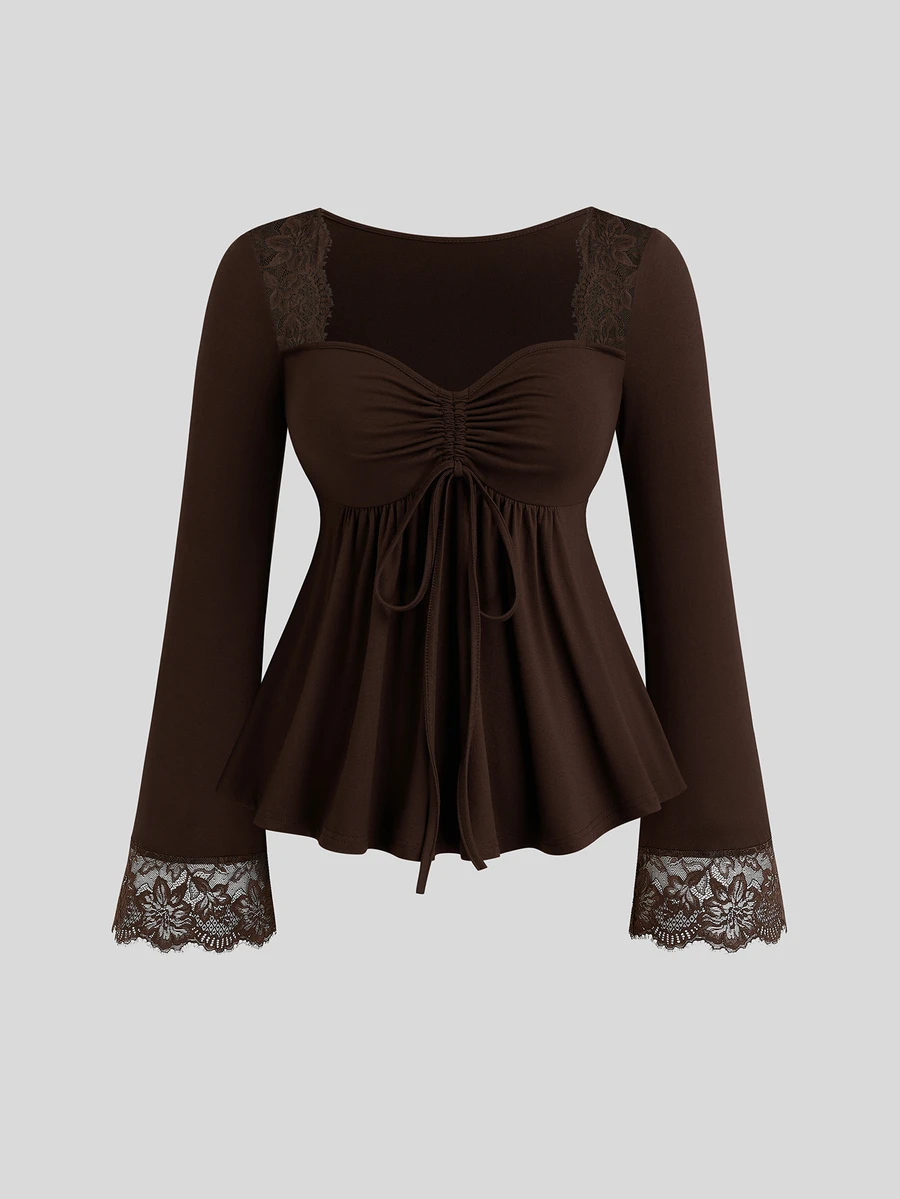 Sweetra Plus Size Women's Solid Color Front Drawstring Contrast Lace Flared Sleeve T-Shirt - Coffee Brown - View 1