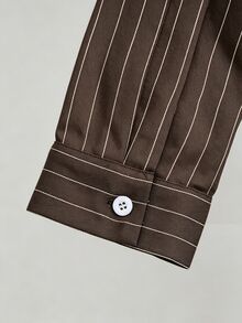 Olithes Kemeja Wanita Kasual untuk Perjalanan, Melangsingkan Pinggang, Model 2 in 1, Garis-garis Biru Tua, Lengan Panjang dan Pendek dengan Kerah. - Khaki - View 4