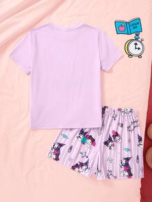 HELLO KITTY AND FRIENDS | SHEIN Tween Girl Letter Print Short Sleeve Top And Shorts Loungewear Set - Purple - View 2