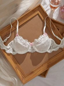 Myrelith 1pc Sweet Style White Lace Bra With Pink Bow, Exquisite Women's Lingerie - White - View 5