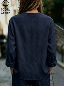 SHEIN Women's Solid Color Frog Button Long Sleeve Vintage Casual Shirt - Navy Blue - View 2