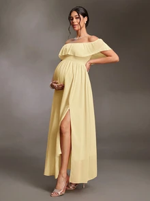 Cheriluna Maternity 優雅露肩荷葉袖側開衩A字雪紡孕婦洋裝 - 黃色 - 查看 3