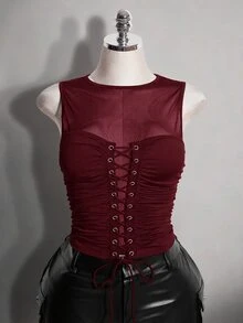 SHEIN ICON Plus Size Retro Y2K Sexy Mesh Patchwork Tank Top - Burgundy - View 1