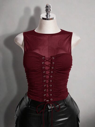SHEIN ICON Plus Size Retro Y2K Sexy Mesh Patchwork Tank Top