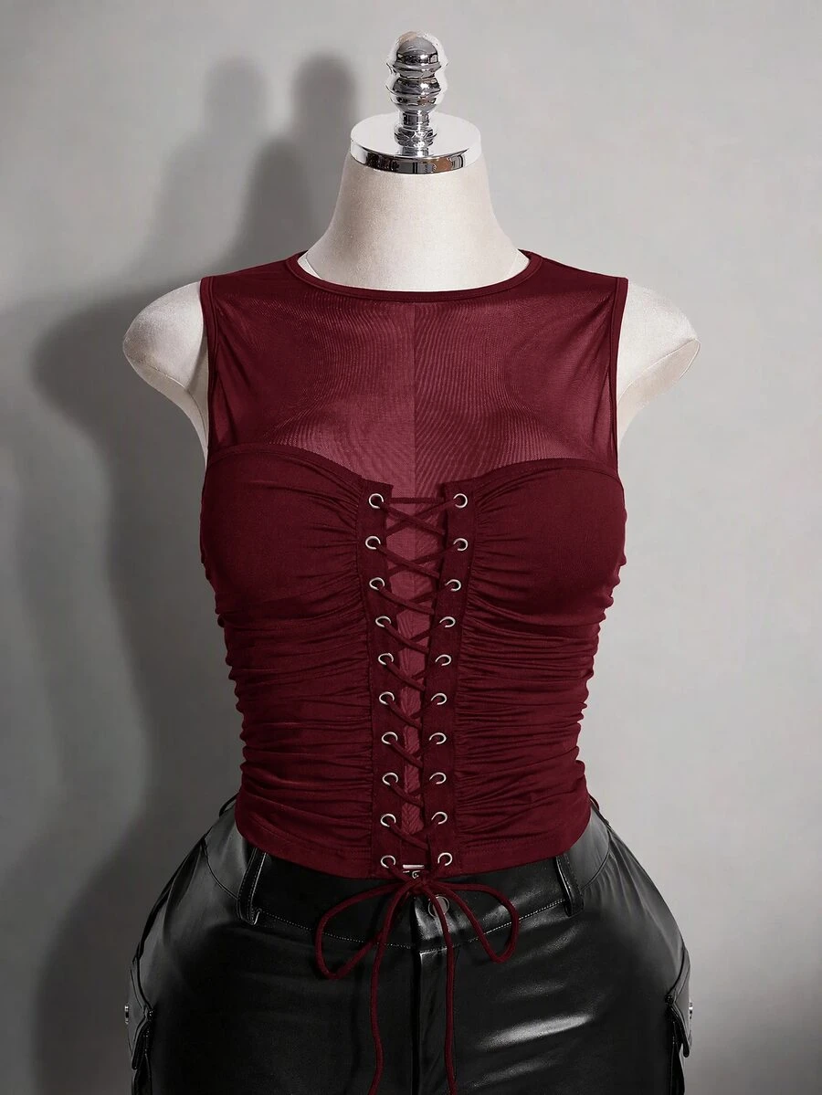 SHEIN ICON Plus Size Retro Y2K Sexy Mesh Patchwork Tank Top - Burgundy - View 1
