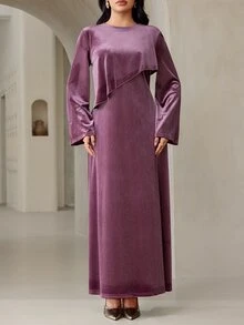 Veilorie 女款純色圓領長袖優雅派對場合洋裝 - 紫色 - 查看 3